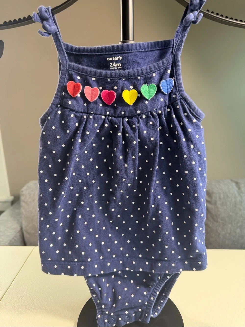 Carter’s 24M Navy Polka Dot Rainbow Heart Appliqué Romper Dress